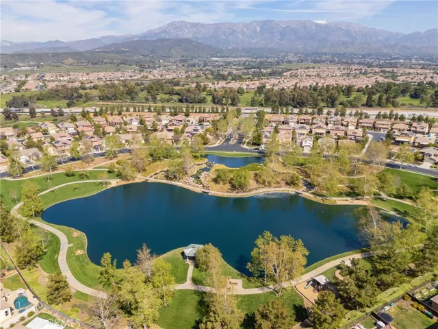 Beautiful community lake surrounded by scenic mountain views