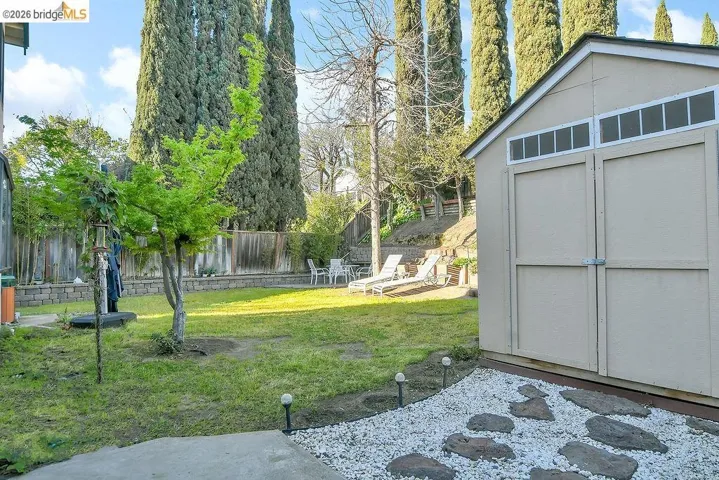 Fenced backyard with a shed and a patio