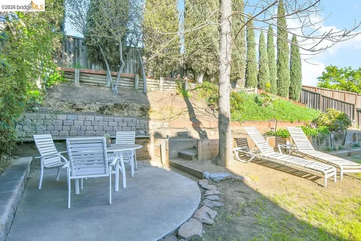 Fenced backyard with outdoor dining area and a patio