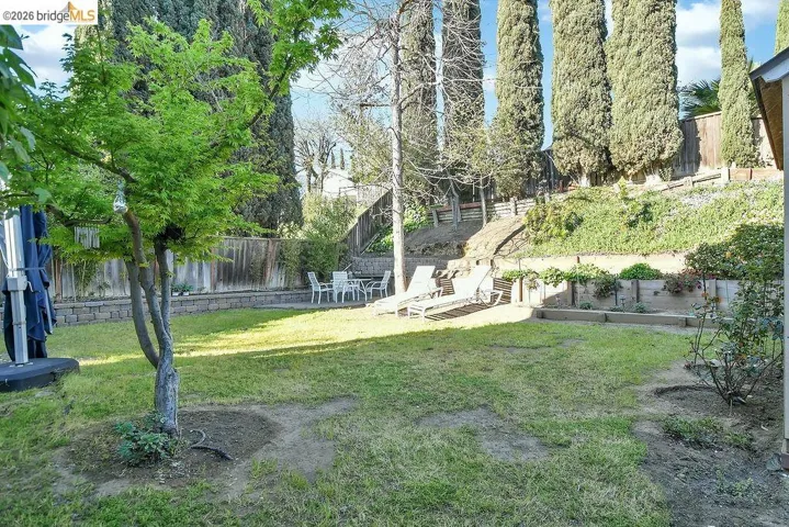 Fenced backyard with a patio area