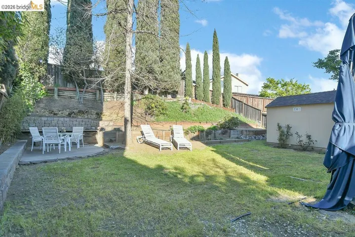 Fenced backyard with a patio
