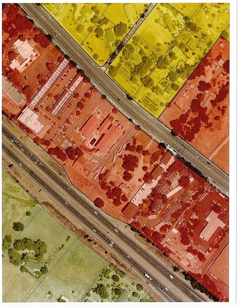 Current Lot Lines and Zoning color coding.