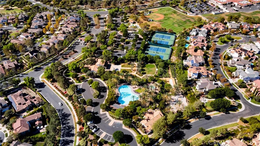 An aerial view of one of the clubhouses and the city.