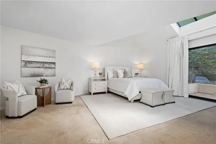 Double door entry into the large primary bedroom.  High ceiling with skylights and sliding doors out to the back balcony.
