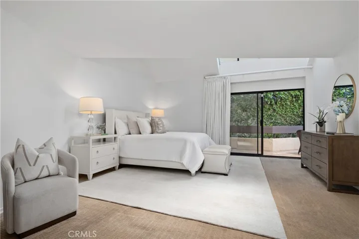 Double door entry into the large primary bedroom includes high ceiling with skylights and sliding doors out to the back balcony.