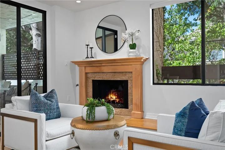 Digitally enhanced fireplace with flames.