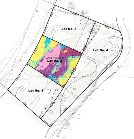 Screenshot from slope analysis from the architectural drawings – for reference only.  Includes neighboring lots not part of this listing.