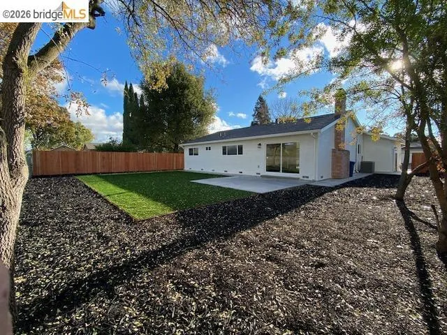 Rear view of property with a patio, a fenced backyard, and a chimney