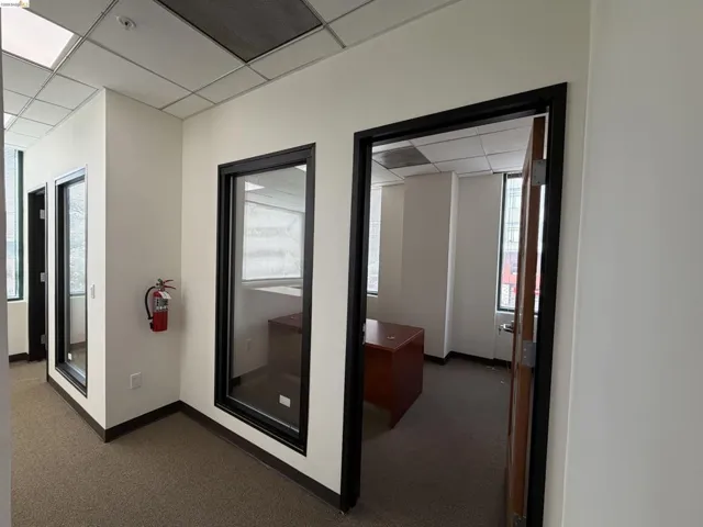 Hall featuring dark carpet, a drop ceiling, and healthy amount of natural light