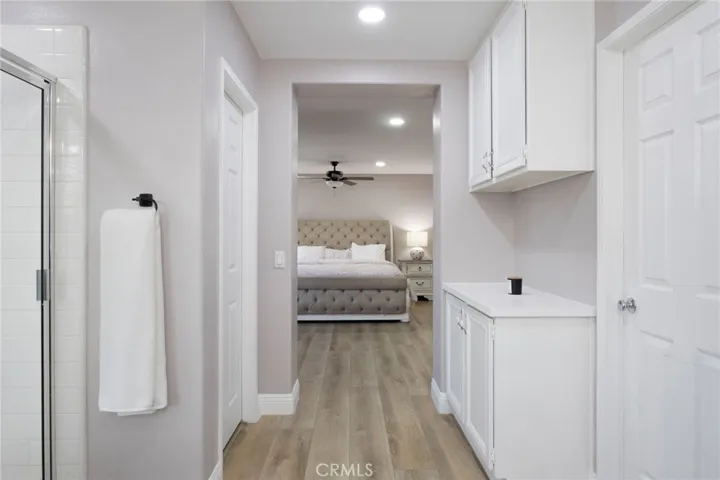 View out from the luxury master suite bathroom into the master suite.
