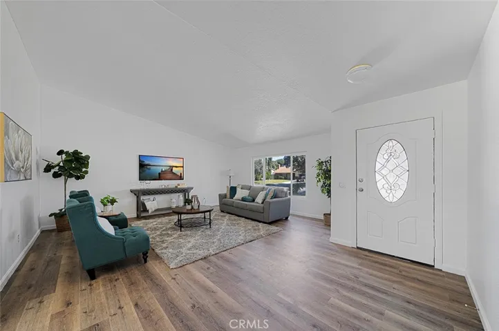 Entry opens to the spacious living room with newer vinyl plank flooring and double pane windows and high ceilings.