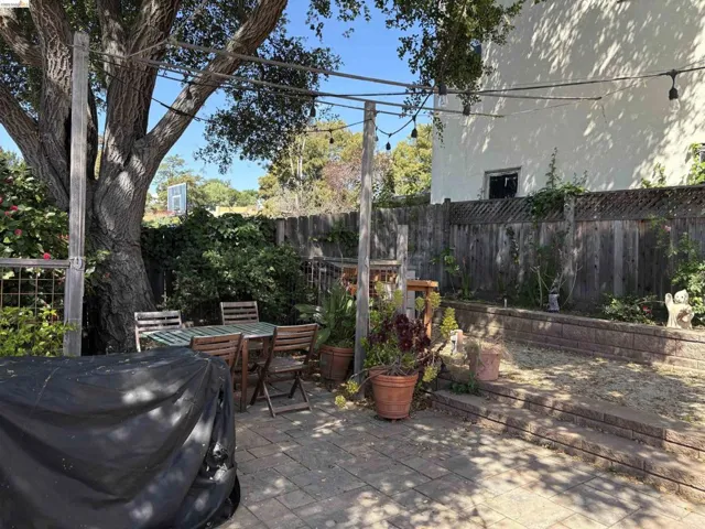 Fenced backyard featuring a patio area and outdoor dining area