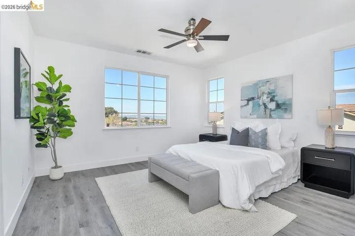 Bedroom featuring ceiling fan, light wood-type flooring, and multiple windows