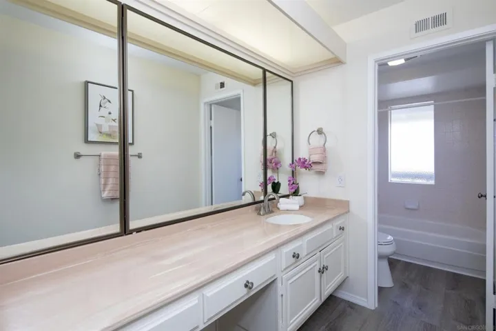 upstairs secondary bathroom with vanity area