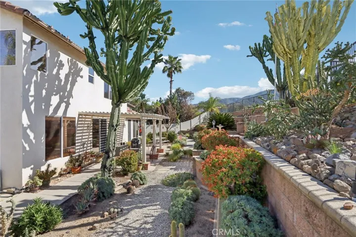 Backyard with drought-tolerant plants and garden space