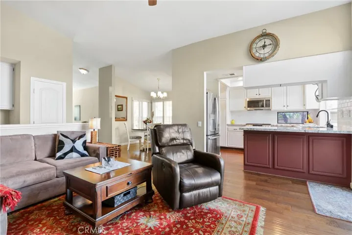 Family room looking into kitchen and dining room