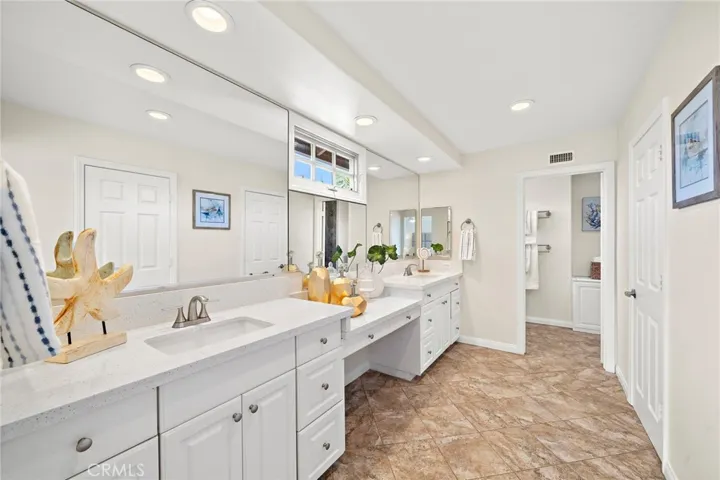 Primary Ensuite Bathroom With New Quartz Counters & Dual  Sinks