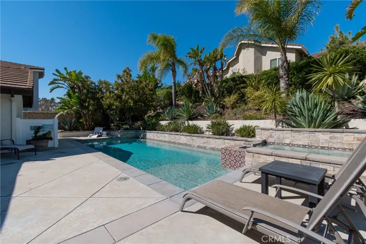 Another view of private backyard saltwater pool & spa and low maintenance gardens from kitchen.
