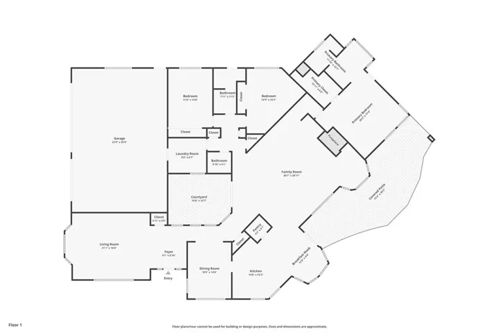 Single-level floor plan highlights a spacious layout with a large family room, formal living and dining areas, generously sized bedrooms, and expansive outdoor living spaces including a covered patio and courtyard. Provided to help visualize the flow and approximate room relationships throughout the home.