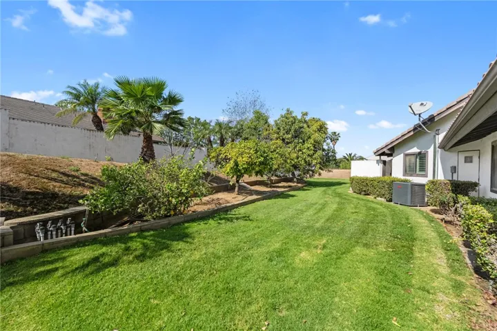 Large backyard with an extended lawn, mature trees, and landscaped borders that create a serene outdoor backdrop. The spacious layout offers flexibility for entertaining, recreation, or relaxing outdoors.