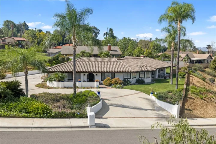 The curved driveway and landscaped entry lead to a stylish single-story residence with strong curb appeal. Palm trees and layered planting beds enhance the approach.