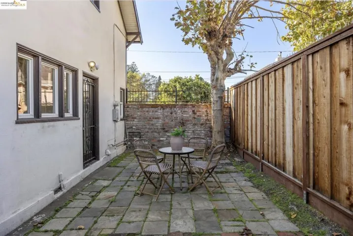 Fenced backyard with a patio area and outdoor dining space