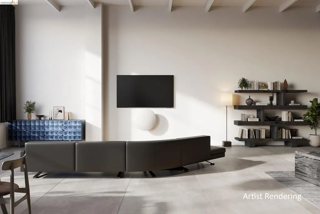 Living room with finished concrete flooring