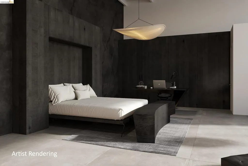 Bedroom featuring concrete floors, wooden walls, and a high ceiling