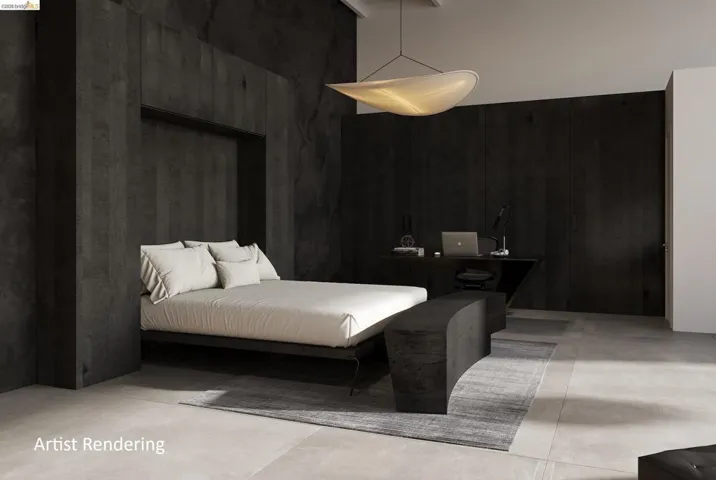 Bedroom featuring concrete floors, wooden walls, and a high ceiling