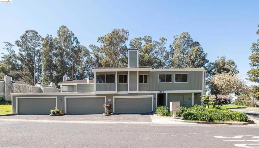 View of front of house featuring a chimney and a garage