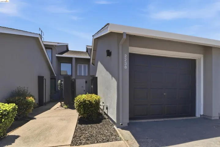 Attached garage with a panel-style door, concrete walkway, modern exterior lighting, and low-maintenance landscaping
