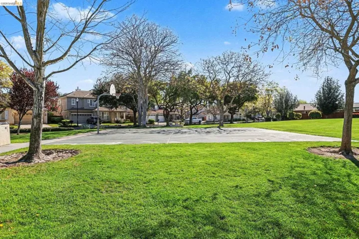 View of green lawn with a residential view