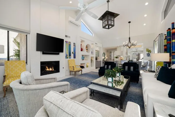 A cozy fireplace.