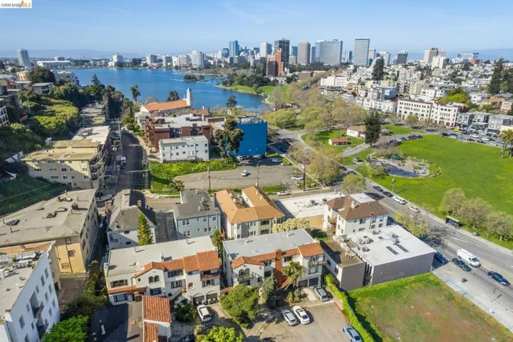 Bird's eye view of city skyline and a large body of water