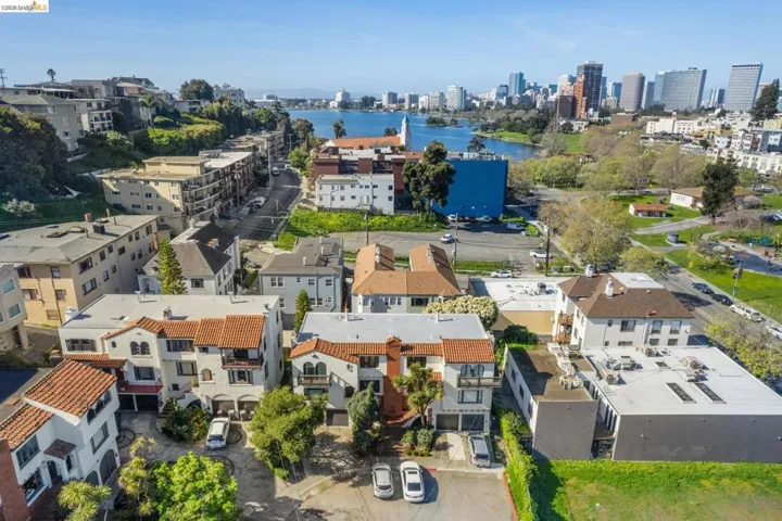 Aerial view of a large body of water and skyline