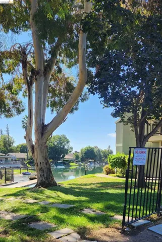 Surrounding community with a lawn and a water view