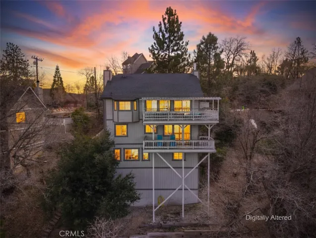 Photo is AI generated with the sky and the lights on in the home