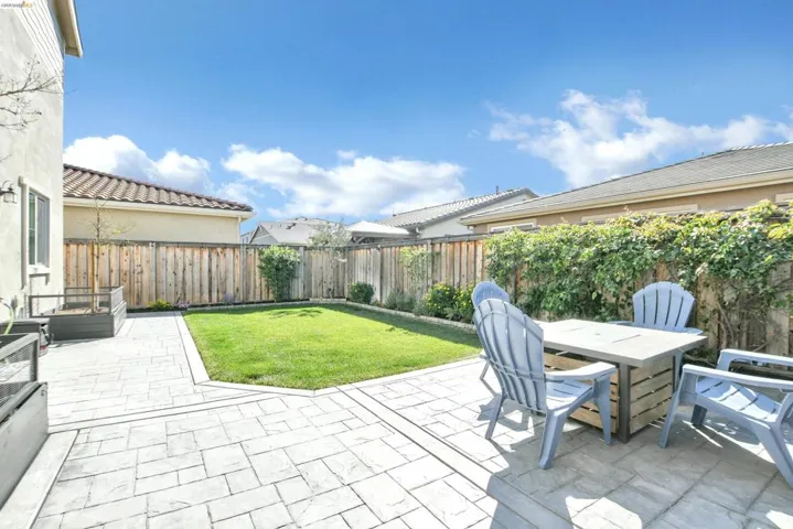 Fenced backyard featuring a patio and outdoor dining area