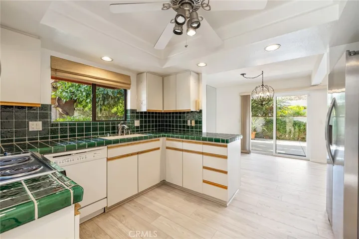 Kitchen with view out to the back patio.
