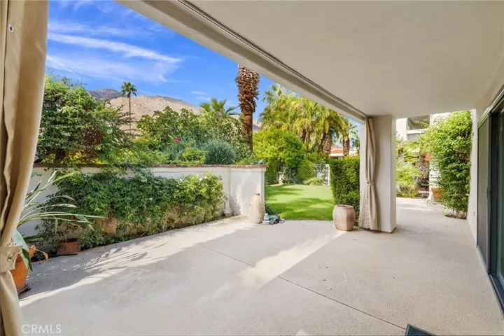 Back patio with view of the San Jacinto mountains. Entrance to pool off to the right.