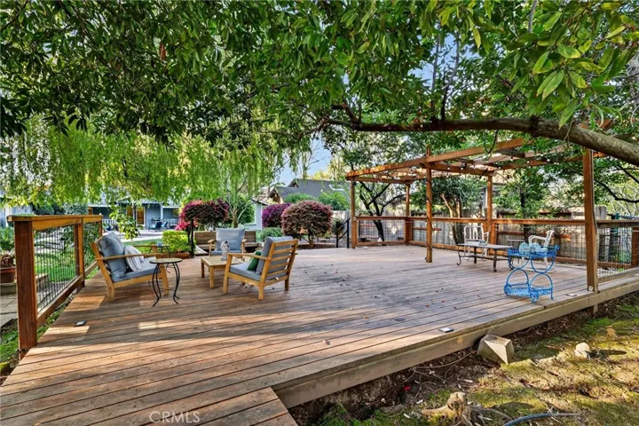 large wood deck with lights