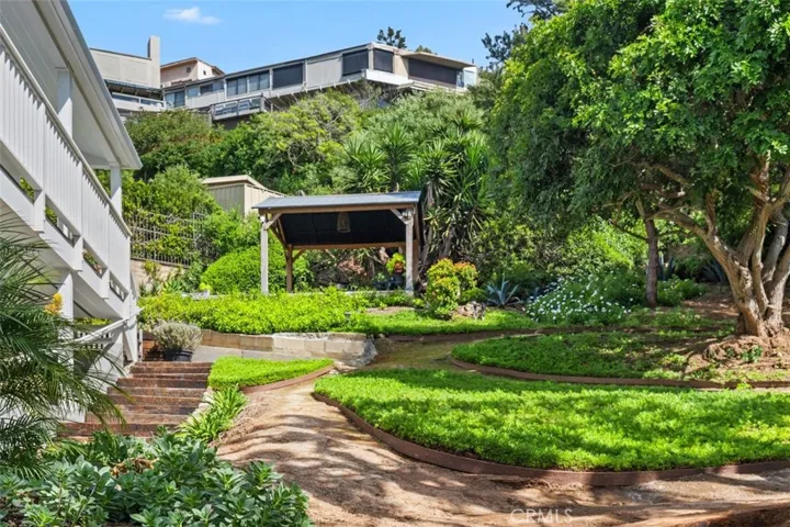 The lush backyard is a peaceful place.