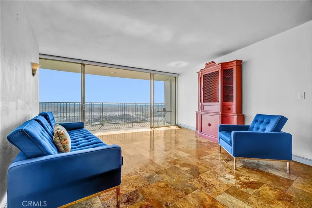 Southwest-facing living room offering stunning views of Catalina Island.