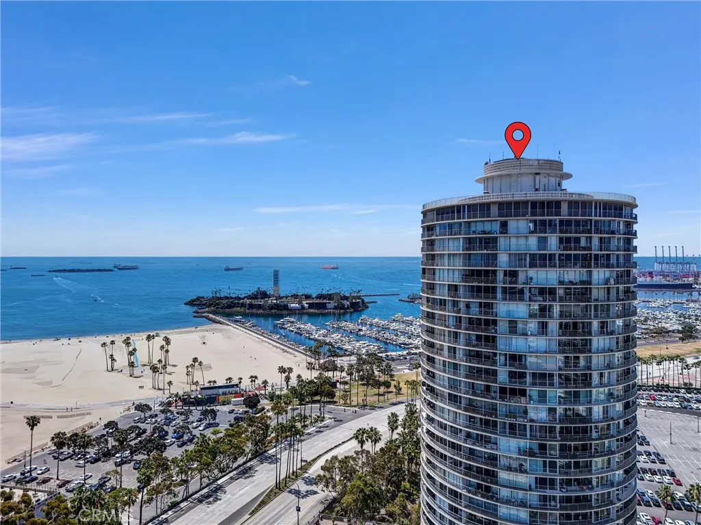 South-facing aerial view of the building and Shoreline Drive.
