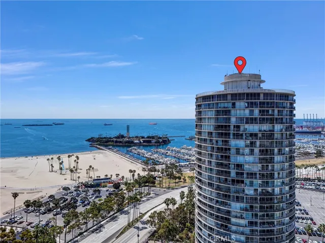 South-facing aerial view of the building and Shoreline Drive.