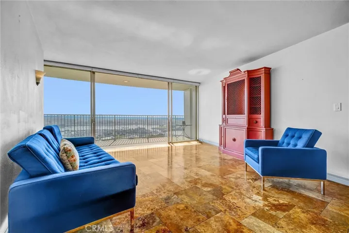Southwest-facing living room offering stunning views of Catalina Island.