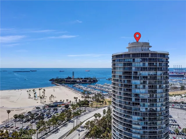 South-facing aerial view of the building and Shoreline Drive.
