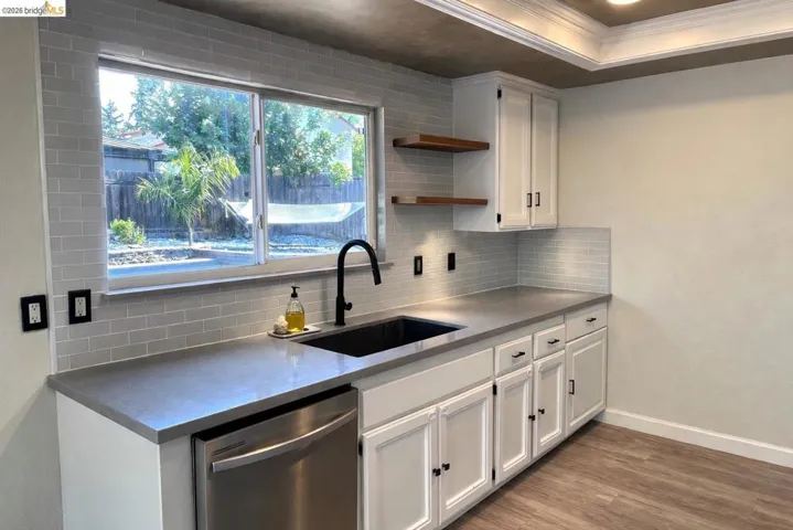 Kitchen featuring a tray ceiling, white cabinets, decorative backsplash, stainless steel dishwasher, and crown molding