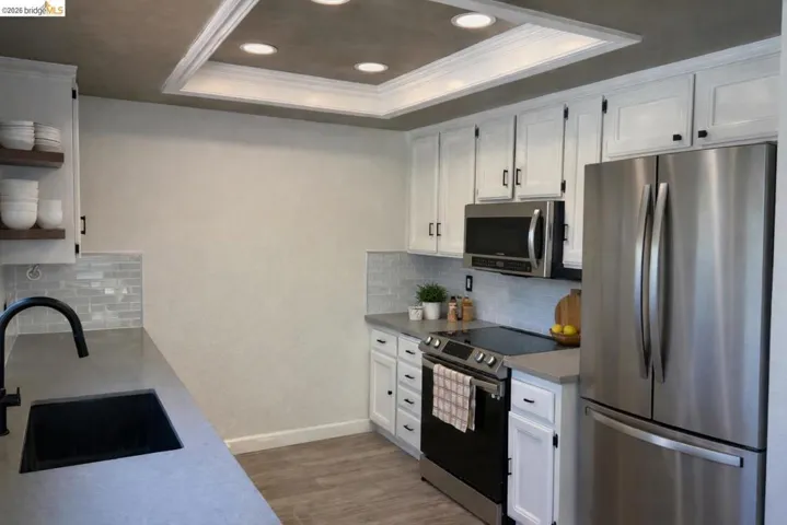 Kitchen featuring stainless steel appliances, white cabinets, ornamental molding, dark wood finished floors, and a tray ceiling