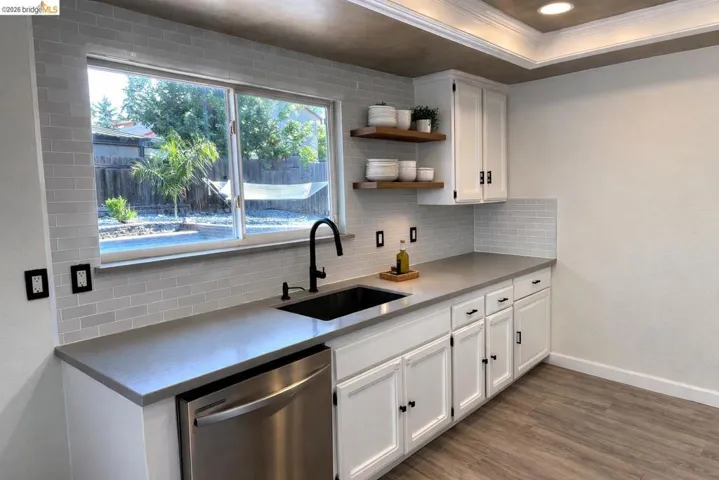 Kitchen featuring a tray ceiling, white cabinetry, tasteful backsplash, stainless steel dishwasher, and crown molding